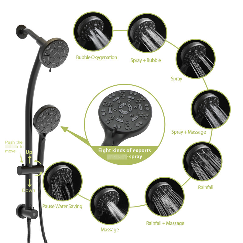 Douche noire matte avec 8 douchettes, tige réglable et support à double tête 8 modes, boyau coulissant