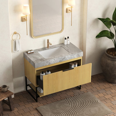 Meuble-lavabo autoportant de 36 po avec lavabo, comptoir en pierre frittée grise, vasque en céramique encastrée, armoire en chêne, pré-assemblé, tiroir et tablette ouverte pour meuble-lavabo, comptoir, contreplaqué