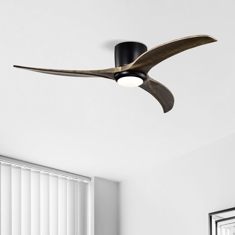 52 Inch Flush Mount Ceiling Fan With Solid Wood Blades, Light And Remote Control