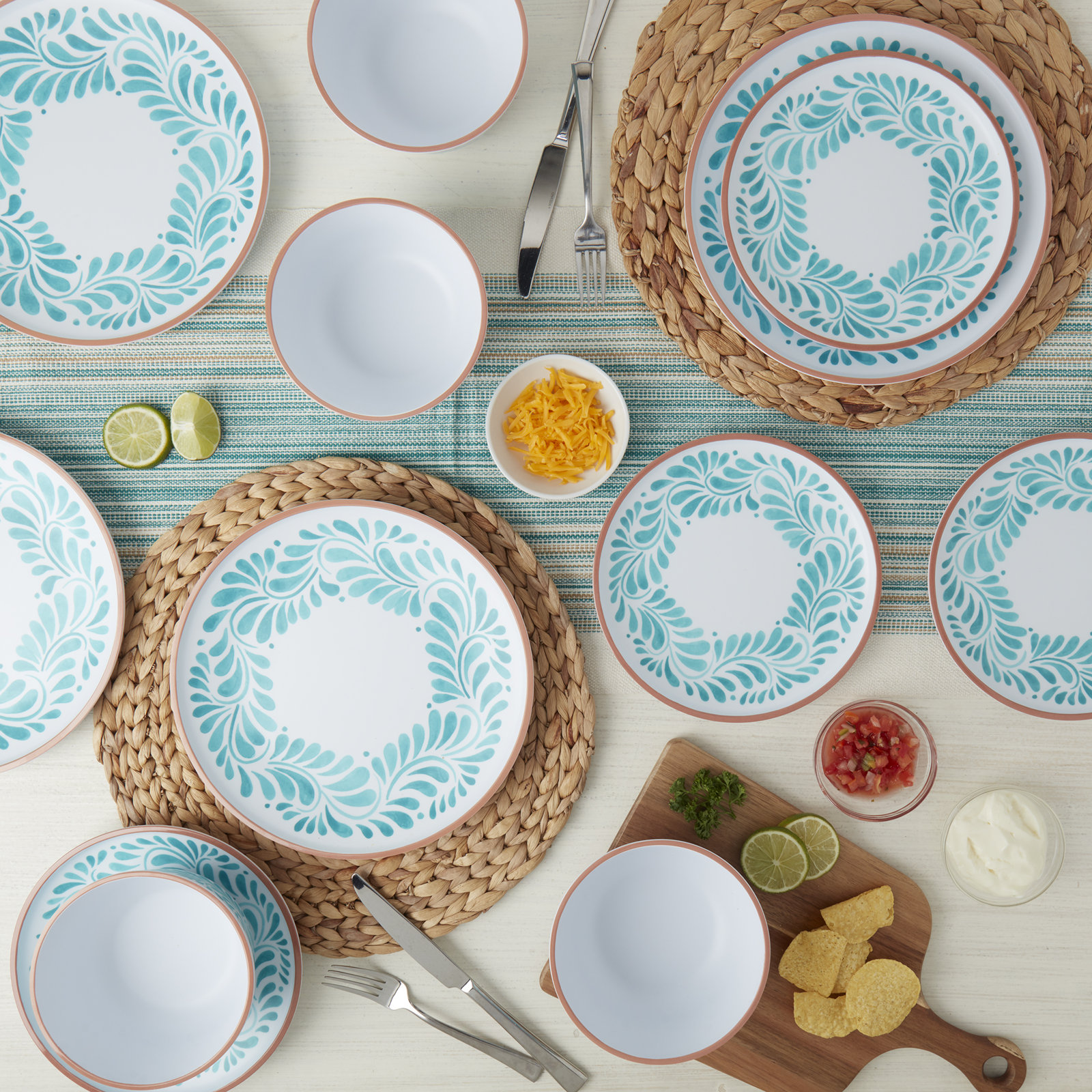 Lebrillo Dinnerware Set, White/Aqua