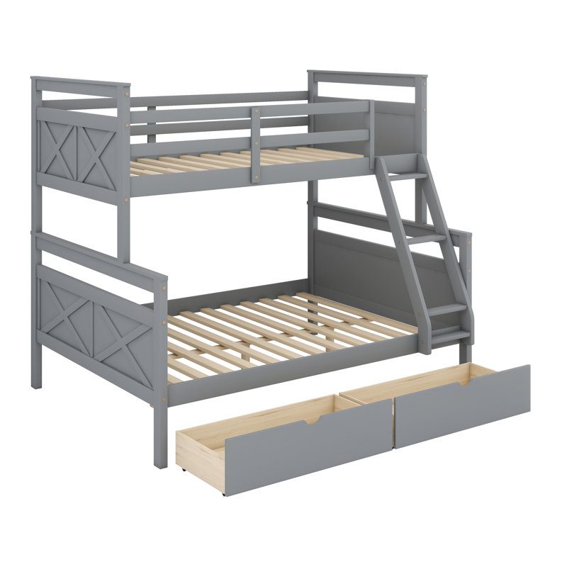 Lit superposé en bois d'hévéa avec 2 tiroirs de rangement, avec barrières de sécurité et échelle, convertible en 2 lits séparés