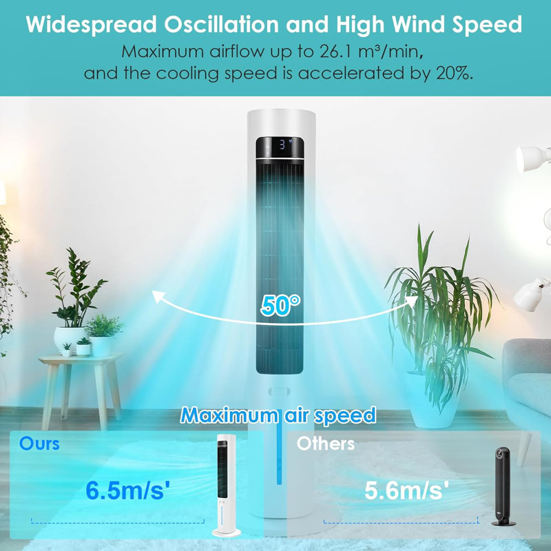 Tower Fan, 50° Oscillating Quiet Cooling Fans, 3-speeds 12-hour Timer, Large Led Display Standing Fans For Bedroom, Portable Floor Fan