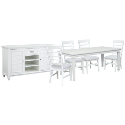 Table de salle à manger rectangulaire blanche extensible avec 4 chaises d'appoint et une desserte