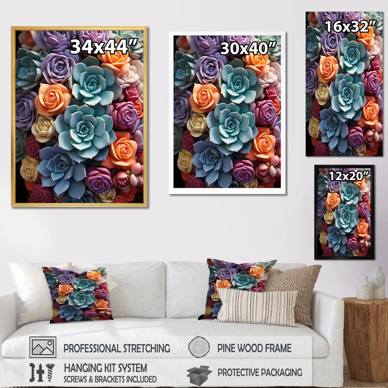 «Talum Blue Yellow Succulents Delight», reproduction sur toile, Cadre photo argenté, H 32 po x l 24 po x P 1 po