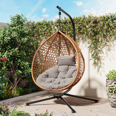 Chaise hamac robuste avec support U_Style, fauteuil à œufs suspendu durable avec tissage en rotin, chaises de balançoire intérieures et extérieures confortables avec coussin doux et amovible, convient au balcon, à la chambre à coucher ou au jardin