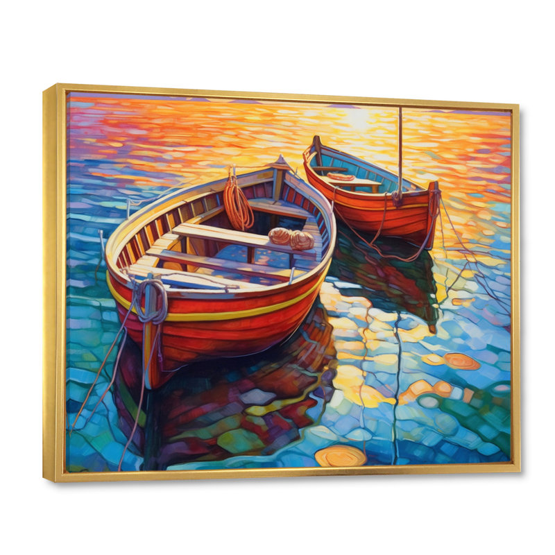 Deux bateaux dans le port I - art mural port côtier, H 16 po x l 32 po x P 1 po, Cadre flottant doré