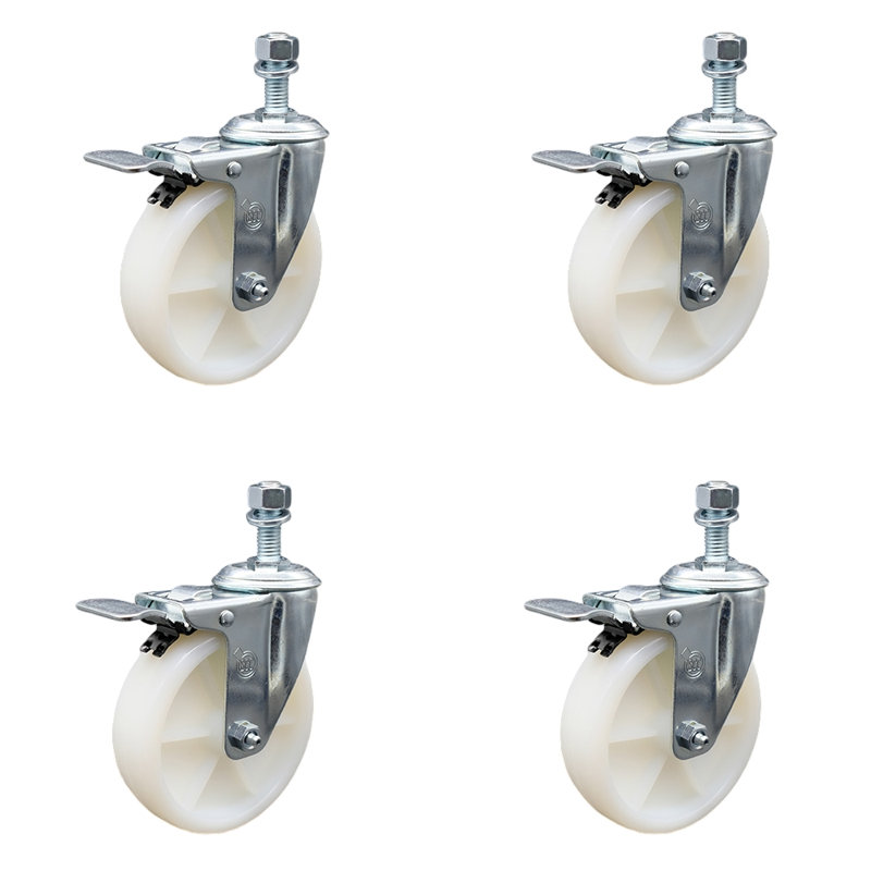 Ensemble de roulettes à tige filetée en nylon de 5 po pivotant sur tige de 12 mm avec frein à blocage total