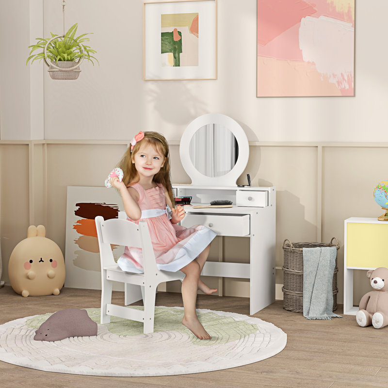 AIYAPLAY Kids Dressing Table with Mirror and Stool Gift for Ages 3–8 White