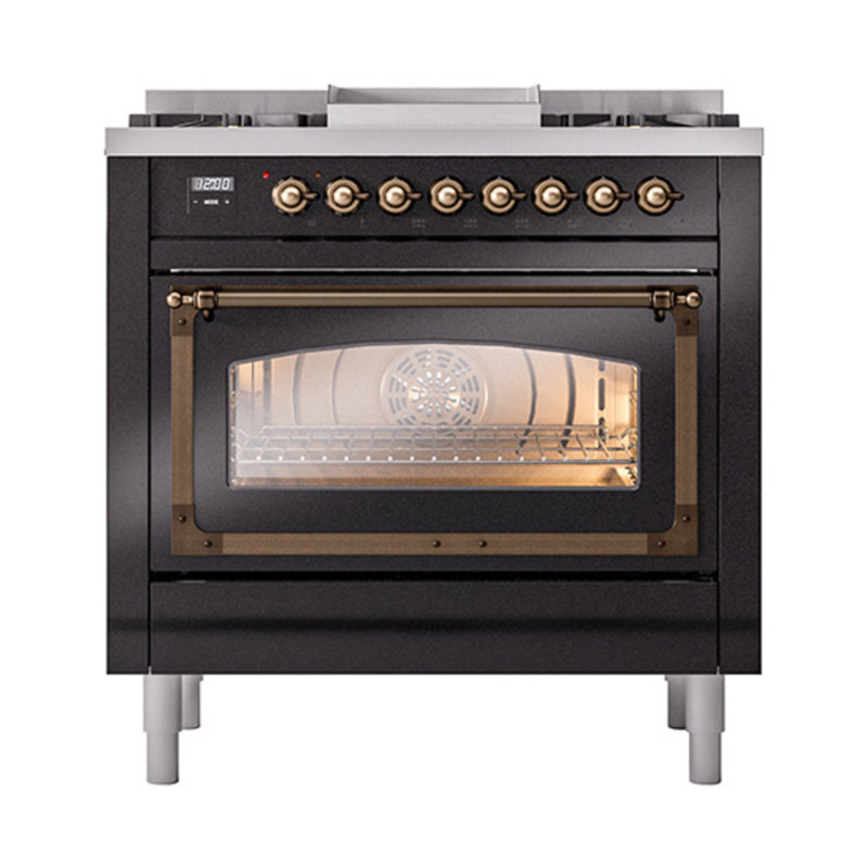 ILVE Nostalgie II Noblesse 36 in Dual Fuel Range, Liquid Propane, Glossy Black/Bronze
