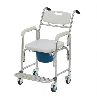 Chaise roulante avec roulettes et freins verrouillables, fauteuil de douche 4 en 1, capacité de 350 lb, siège rembourré, seau amovible pour personnes âgées