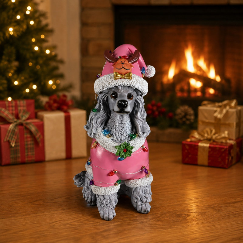 Statue de Noël caniche, Figurine de chien des Fêtes en tenue de père Noël pour la décoration intérieure