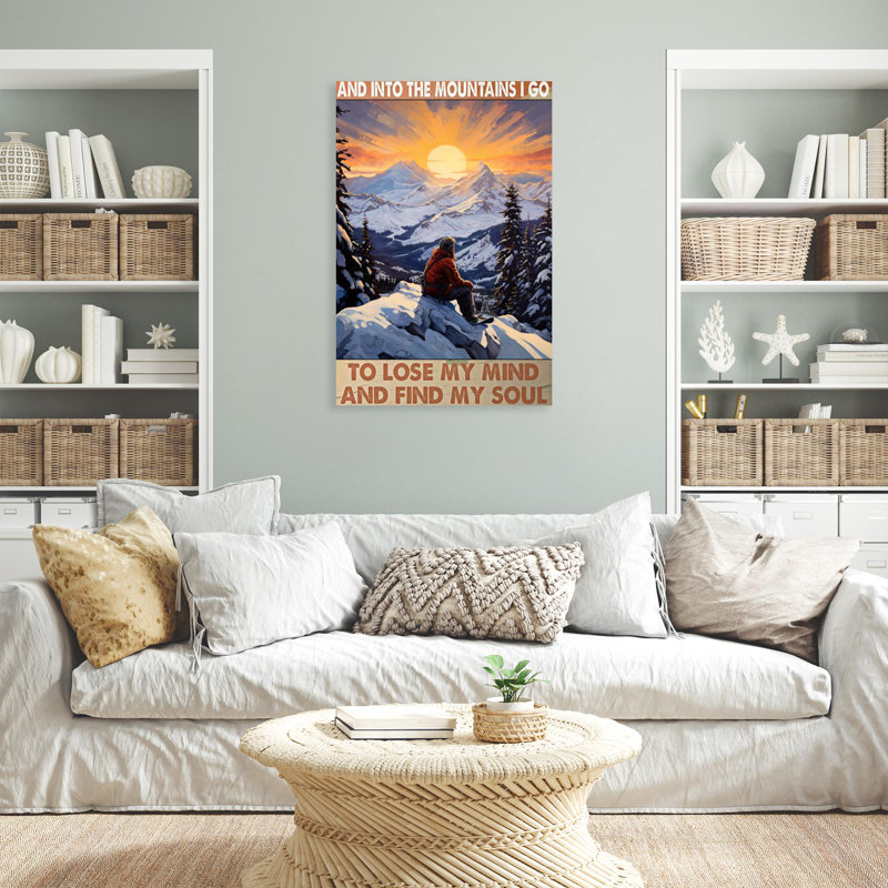 Snowboard et dans les montagnes - 1 pièce, impression sur toile tendue sur toile tendue, L 16 po x H 20 po