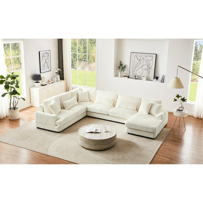 Upholstered U-Shaped Sectional With Beige Corduroy And 129" Couch In For Relaxation