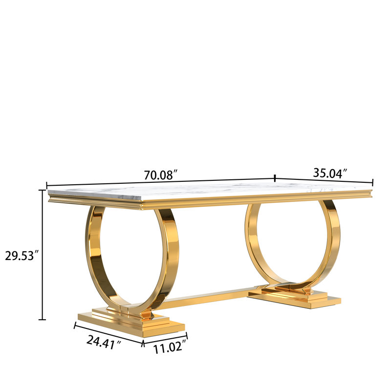 7-Piece Dining Table Set, Marble Veneer MDF Dining Table, With 6 Leather Material Dining Chairs, Marble White, Black/Gold
