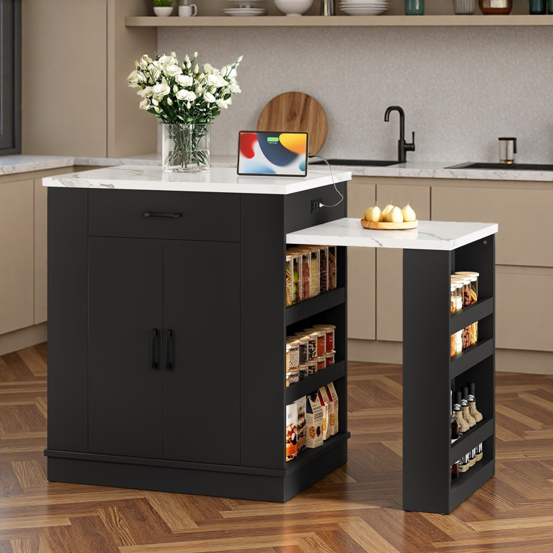 Extendable Island Console With Drawers, Double-Door Cabinet, And Open Shelving. Serves As Dining Table, Temporary Breakfast Bar, And Afternoon Tea Lounge