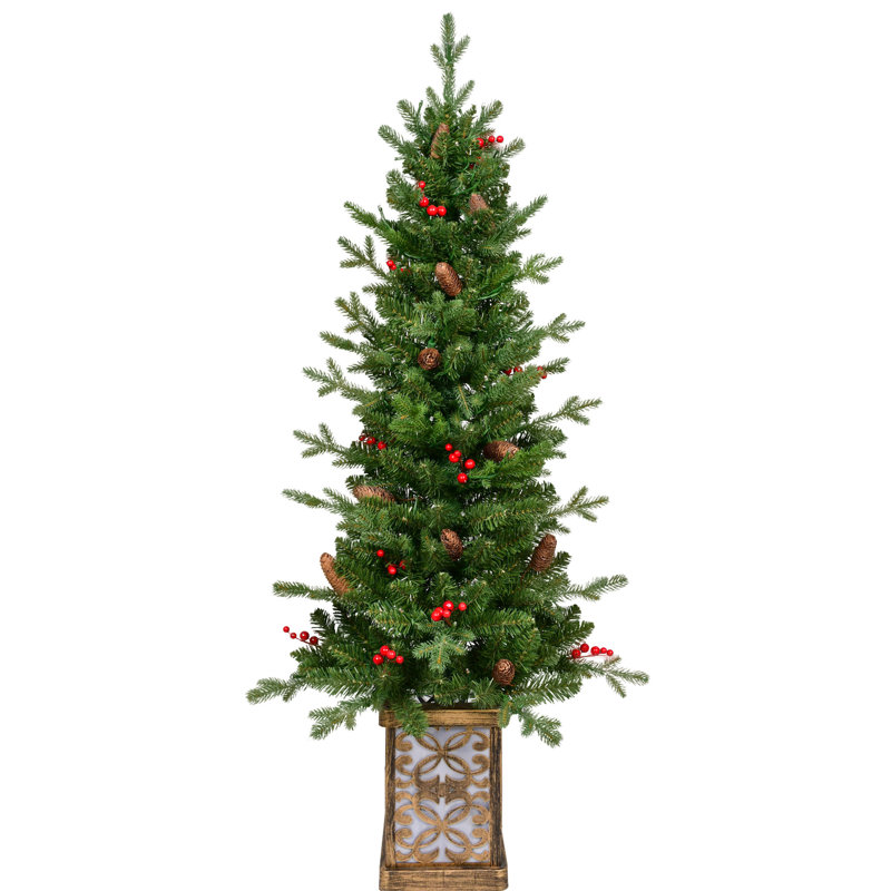 Arbre de Noël festif de 4 pi avec 100 lumières à DEL multicolores, 396 pointes, baies rouges, pin et baies réalistes à base scintillante et baies en PE / branches, pot à paillettes décoratif