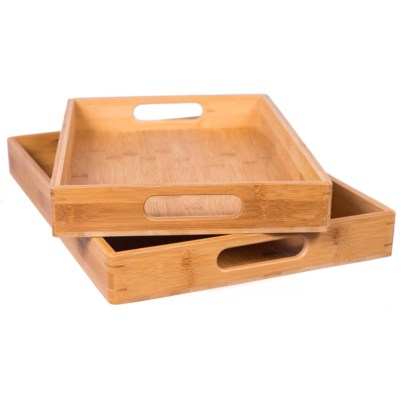 Natural Bamboo Wood Nesting Serving Trays with Handles, Set of 2