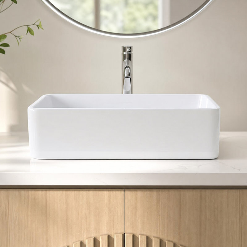 Glossy White Rectangular Ceramic Vessel Sink, Above‑Counter Vanity Sink for Bathroom & Powder Room