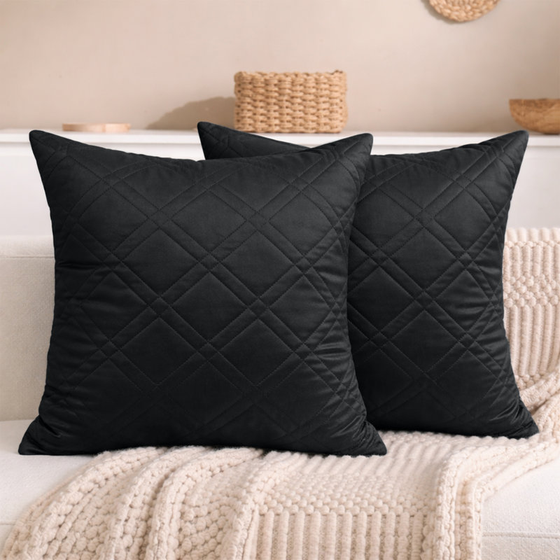 Aspire Homeware Diamond-Pattern Square Velvet Cushion Cover, Black, Pack of 2
