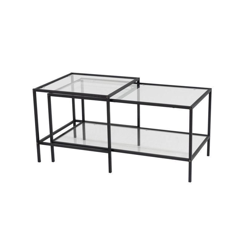 Modern Coffee Table Set (2 Pieces), Black Tempered Glass & Metal Frame, Sleek Industrial Design, Perfect for Living Room & Lounge