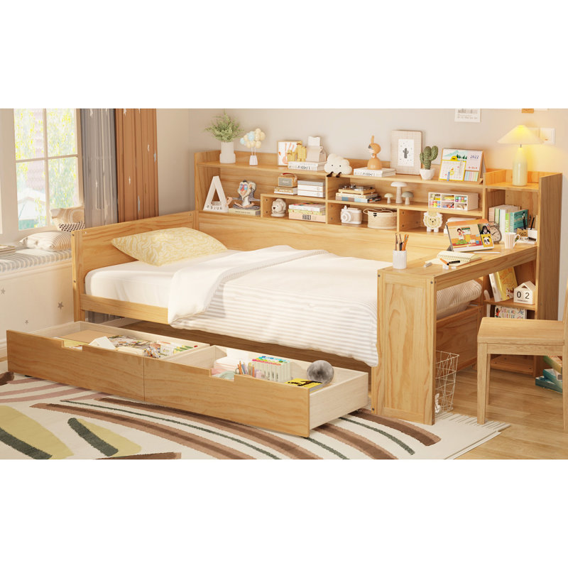 Lit de jour simple avec tablettes de rangement latérales et bureau d'étude pour les pieds, grand bureau en bois, Naturel