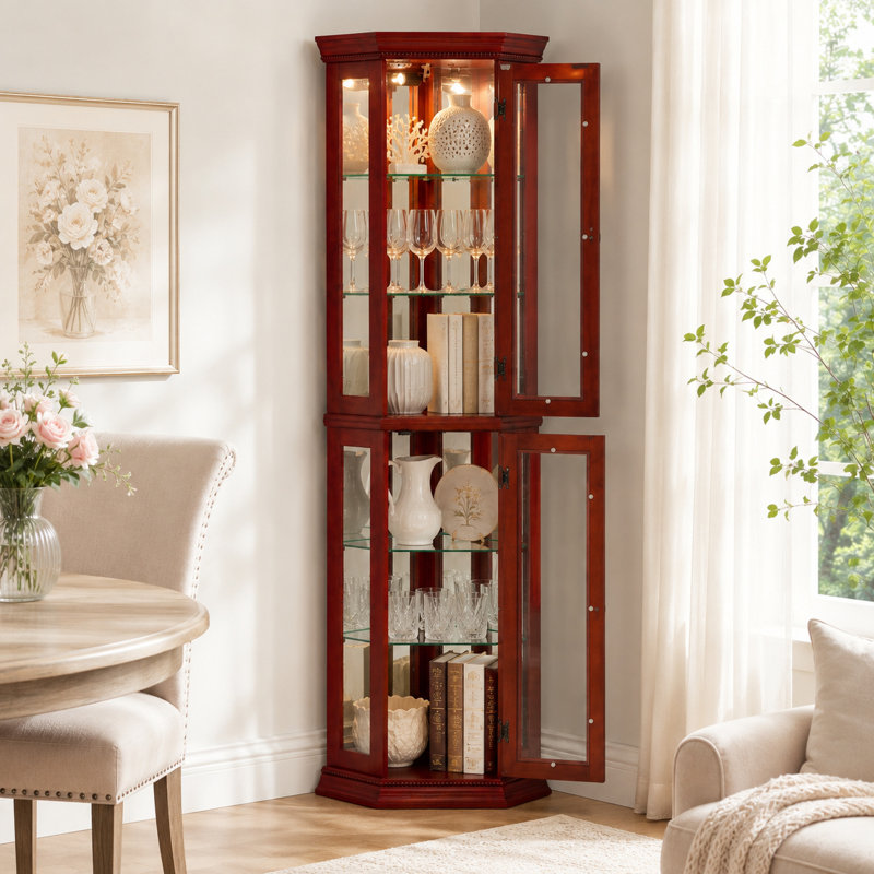 Vitrine d'angle moderne avec verre trempé cerise, Cerisier
