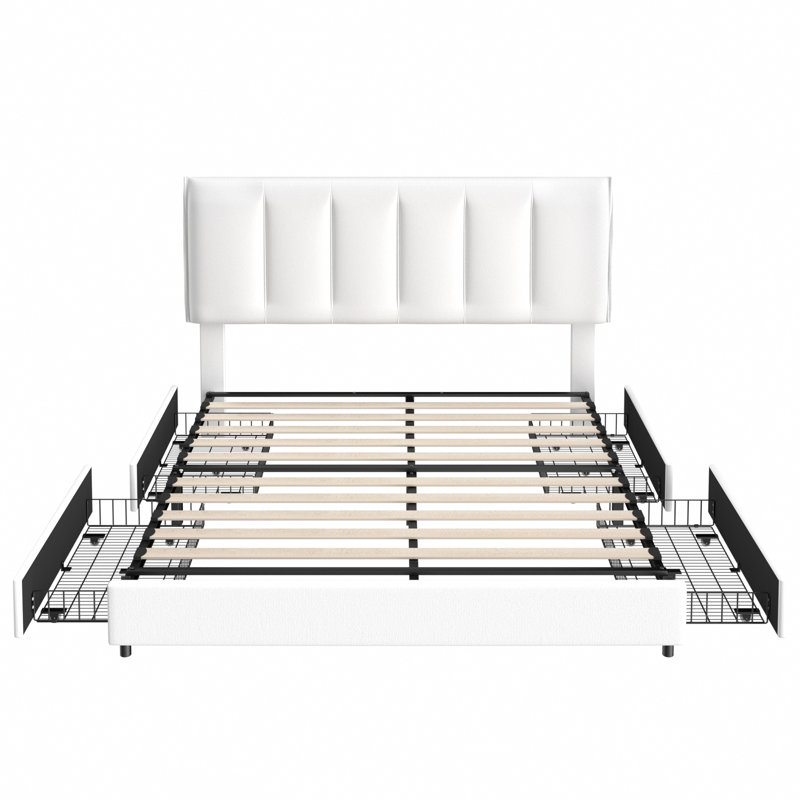 Lit plateforme tapissier avec rangement Cahlin, Double, Blanc