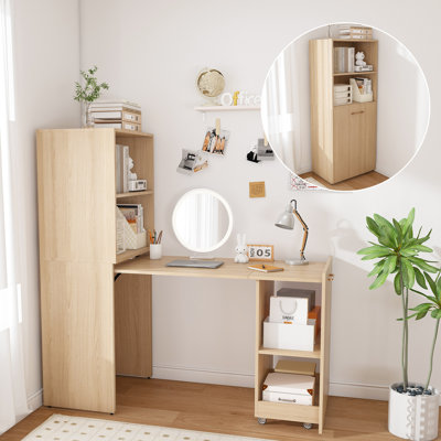 Expandable Mobile Desk with Storage Shelves - Transforming Workstation Extends from 15.7" to 49.6", Locking Wheels & Adjustable Shelves for Small Spaces, Home Office and Apartments