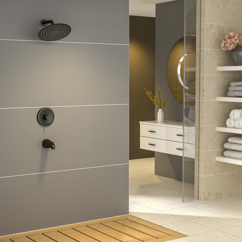 10" Round Rain Shower Head Shower System with Tub Faucet and Rough-in Valve, Matte Black