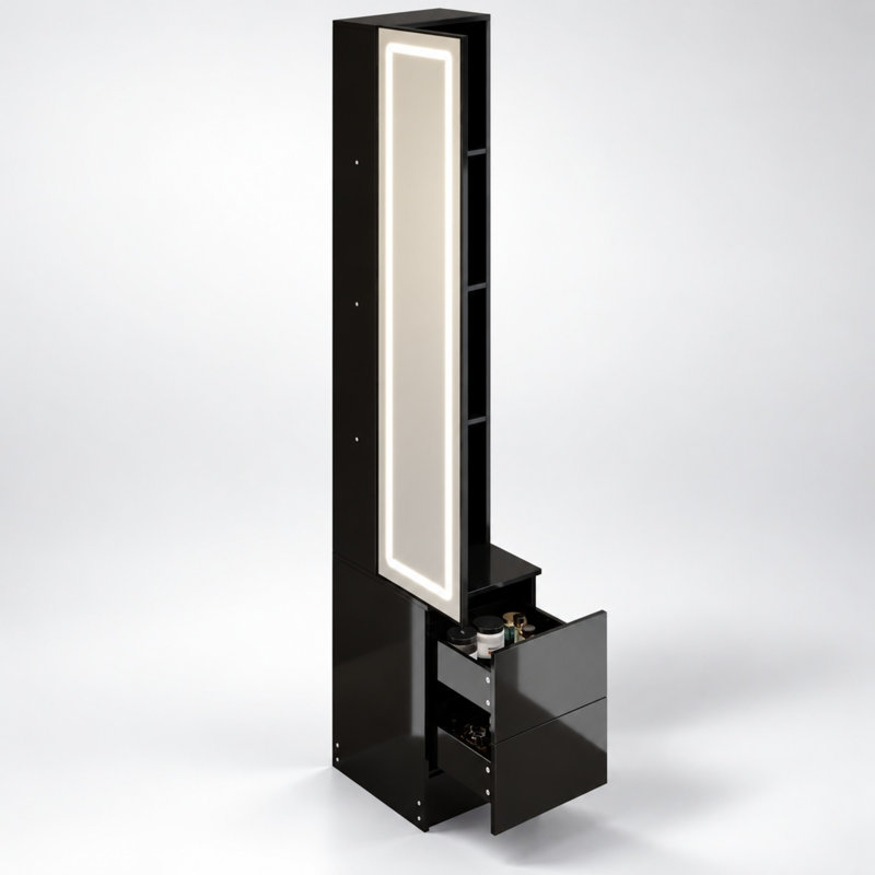 Armoire à miroir 63 po à DEL avec rangement pour coiffeuse et éclairage réglable