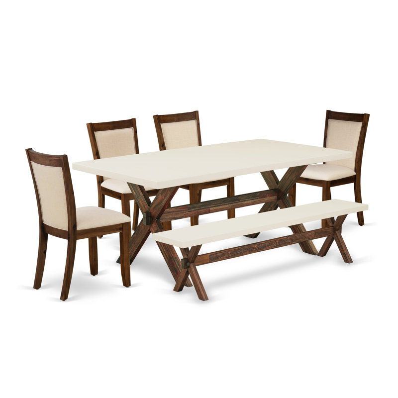 L'ensemble de table de cuisine 6 pièces contient une table de salle à manger rectangulaire avec des pieds en X et 4 chaises Parson en tissu de lin beige clair avec un banc, Jacobean patiné