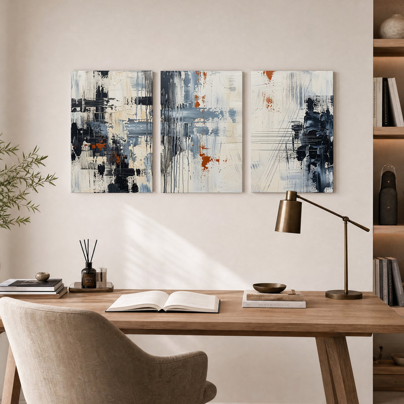 Abstrait noir, blanc et rouille, coup de pinceau, ensemble de 3 toiles, H 24 po x l 16 po x 3 pièces