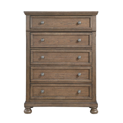 Transitional Antique Brown Finish 1Pc Storage Chest With 5X Drawers Classic Bun Feet Wooden Bedroom Furniture
