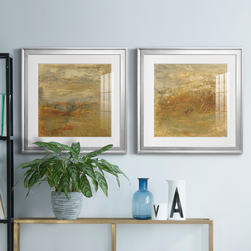 Ensemble de 2 cadres photo Encaustic Tile In Orange I, H 22,5 po x l 45 po x P 1,5 po, Papier avec cadre argenté, Blanc