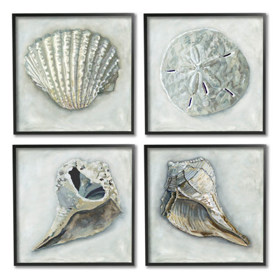 Détaillée «Seashells Ocean Life» par Erica Christopher - Ensemble de 4 peintures sur bois