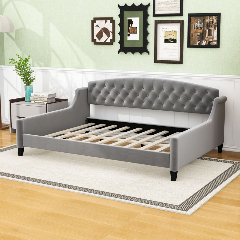 Full Size Upholstered Daybed with Button-Tufted Backrest, Gray