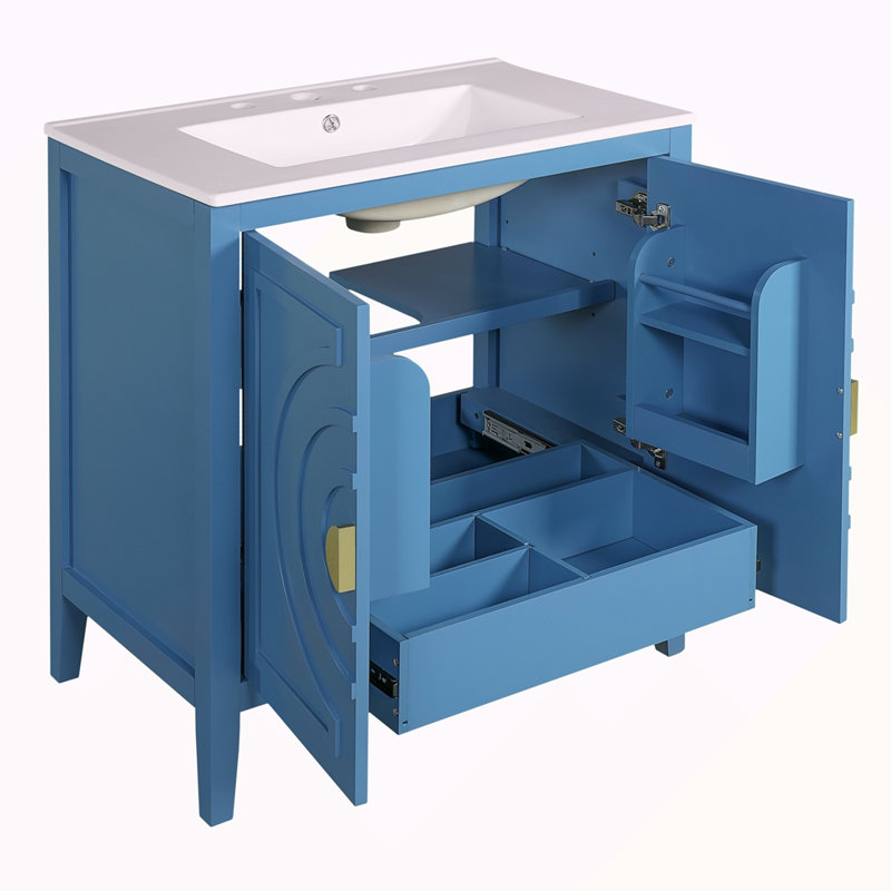 Armoire de rangement pour salle de bain 30 po avec 2 grandes portes à fermeture douce avec organisateur, 1 tiroir dissimulé et tablette réglable, meuble-lavabo avec lavabo