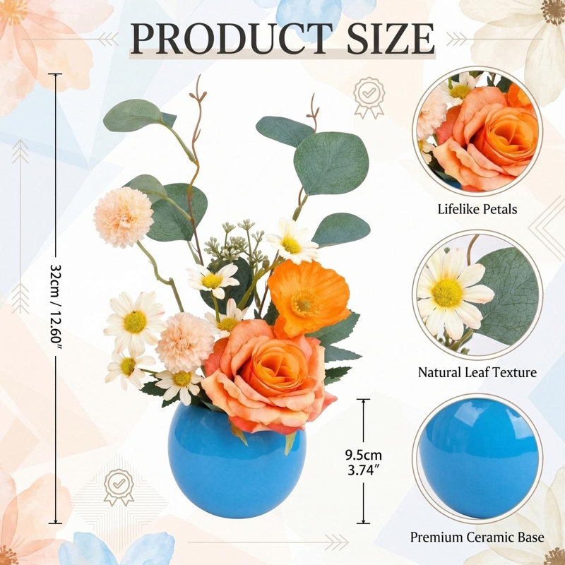 12,6 po Arrangement de fleurs artificielles orange et roses dans un vase en céramique bleu brillant