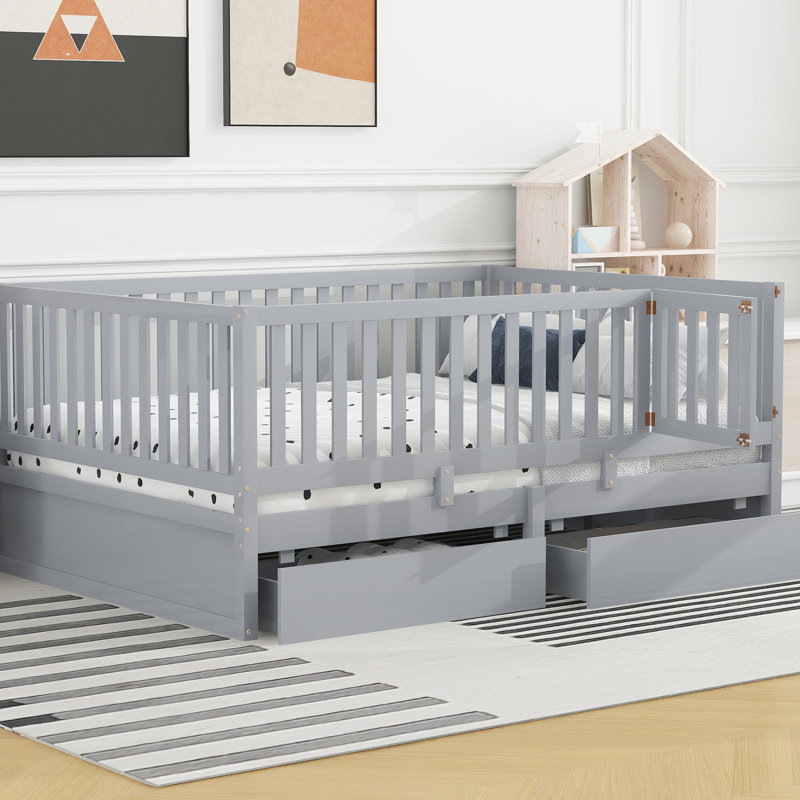 Gray Full Solid Wood Daybed With Fence Guardrails, 2 Drawers, And Convenient Assembly Size Guardrails Space Simple To Assemble