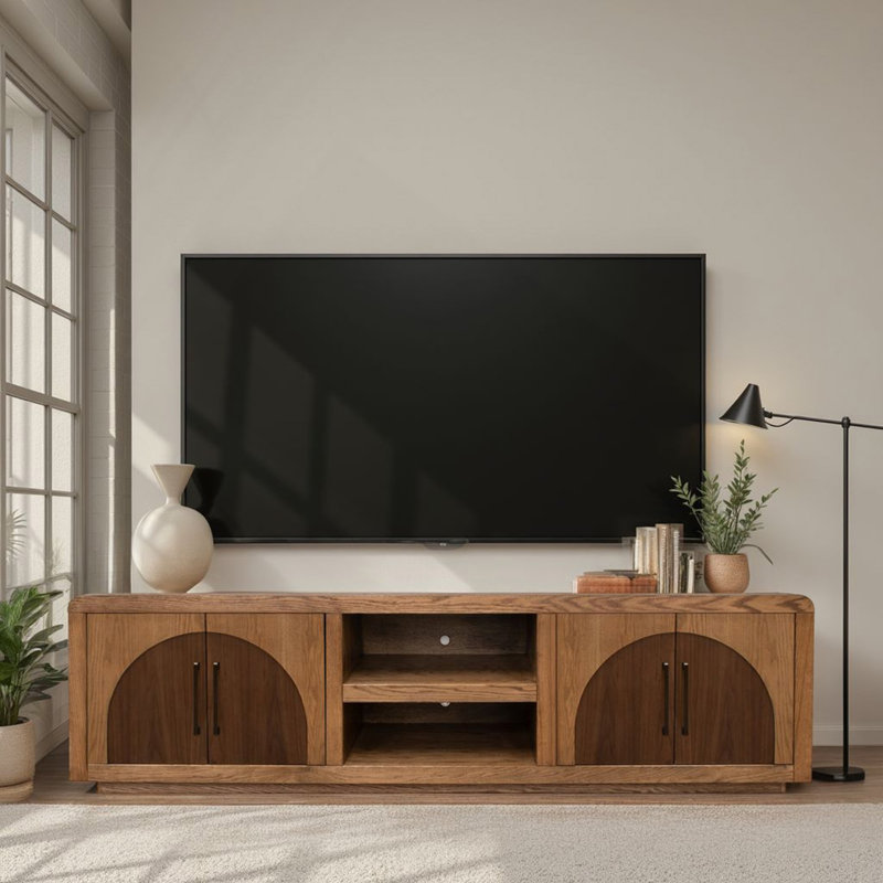 Console de meuble télé 92 pouces, pour téléviseur jusqu'à 100 pouces, sans assemblage, finition bourbon et noyer, Brun