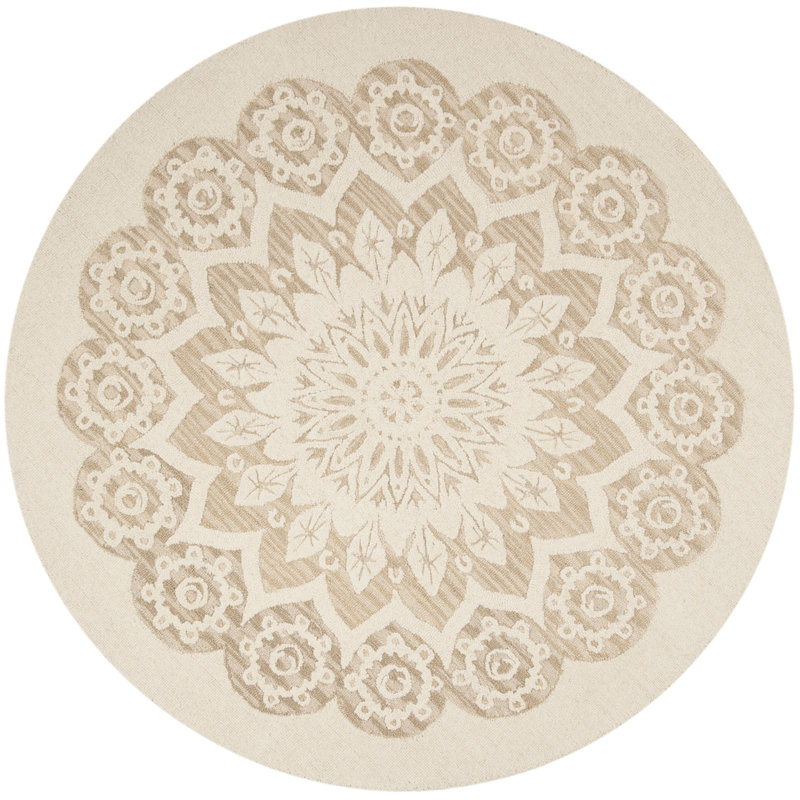 Tapis ivoire en laine touffeté à motif floral Jahiem, Rond 10 pi