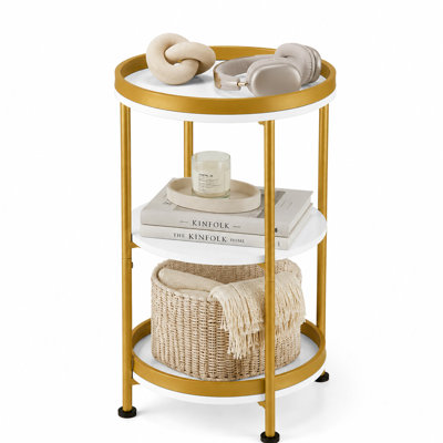 Round Side Table with Storage Tray for Living Room, 15" L x 15" W x 24" H Bedroom Nightstand 3 Tiers Bedside Table with Steel Frame for Small Spaces (White & Gold)