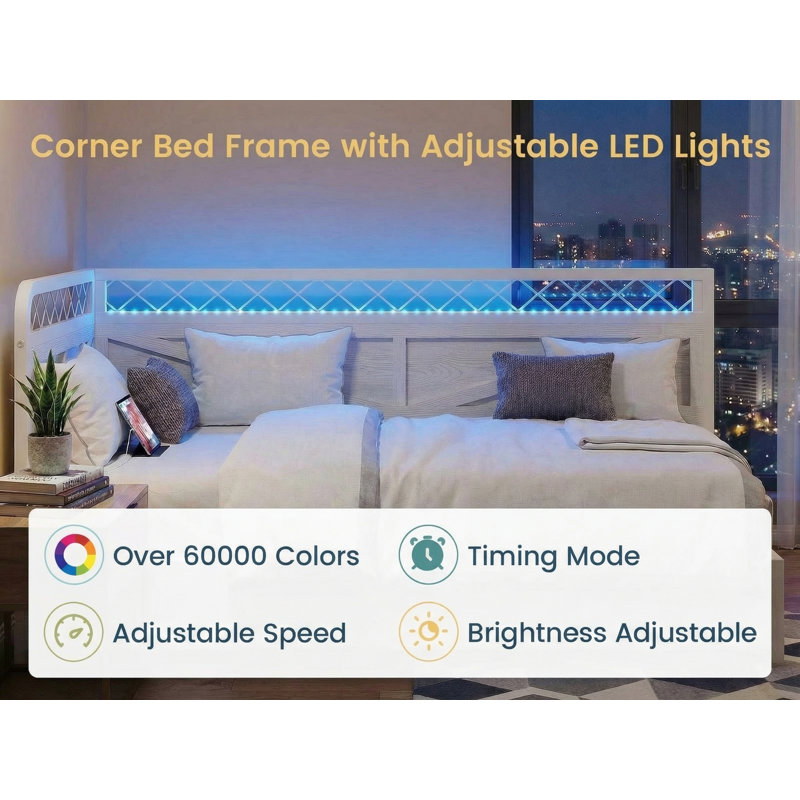 Industrial Corner Daybed With LED Lights & Storage Drawer - 900Lb Capacity, White, Twin