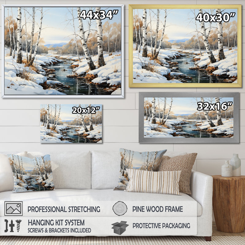 Birch Woods Winter Whispers I - impression sur toile de bouleau, H 30 po x l 40 po x P 1,5 po, Cadre doré simple