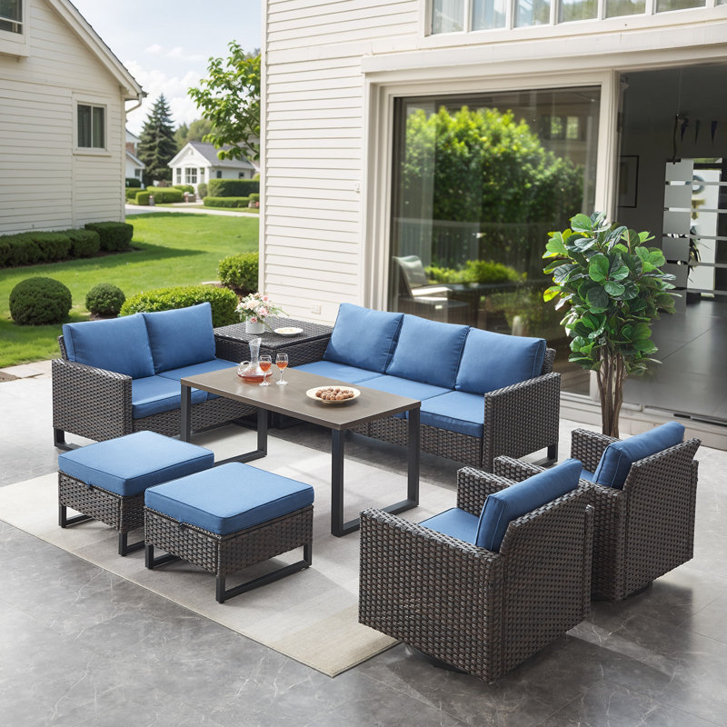 Ingvald 8- Pieces Outdoor Sectional Seating Group With Wicker Water Resistant Storage Deck Box And Cushions, Blue