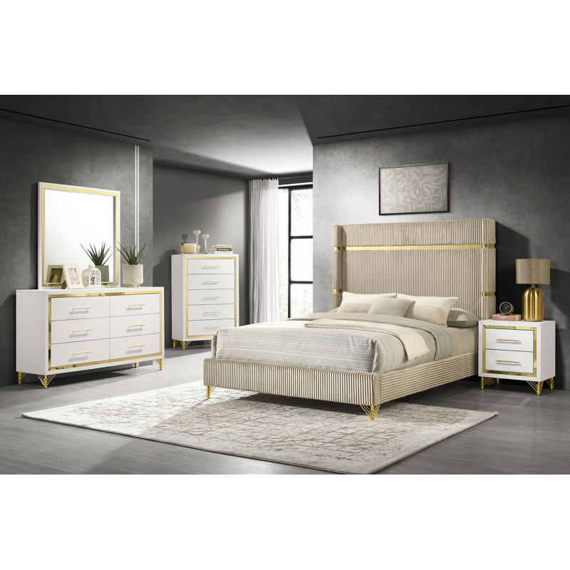 Rohnan 5-piece Queen Bedroom Set Beige and White, Queen, 5 Pcs: Bed, Nightstand, 2 Dressers, Mirror