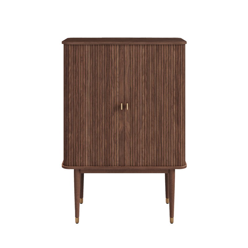 Corrigan Studio Walnut Wood Mid Century Mandea Bar Cabinet Stylish Modern Storage with Shelves and Glassware Doors