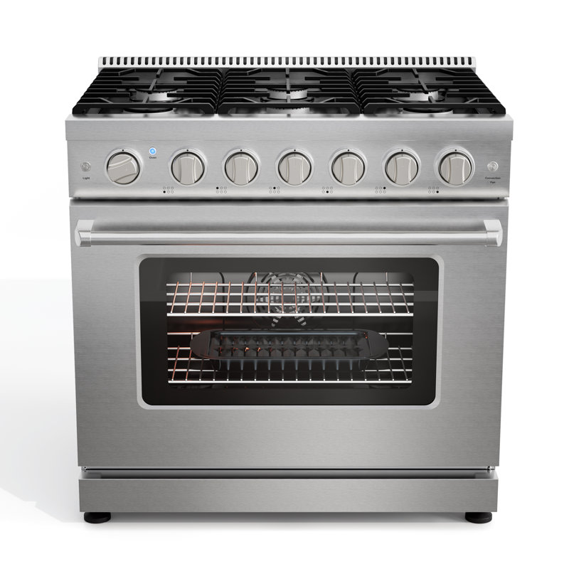 Cuisinière à gaz 36 pouces avec 6 brûleurs, modes de cuisson par convection, rôtissage, grillage et déshydratation, commandes de qualité professionnelle, ensemble de conversion au propane liquide, comprend 2 grilles de four, support anti-basculement et plaque de cuisson avec ramasse-gouttes