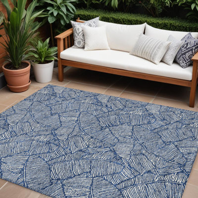 10' X 14' Navy Blue Floral Washable Indoor Outdoor Area Rug