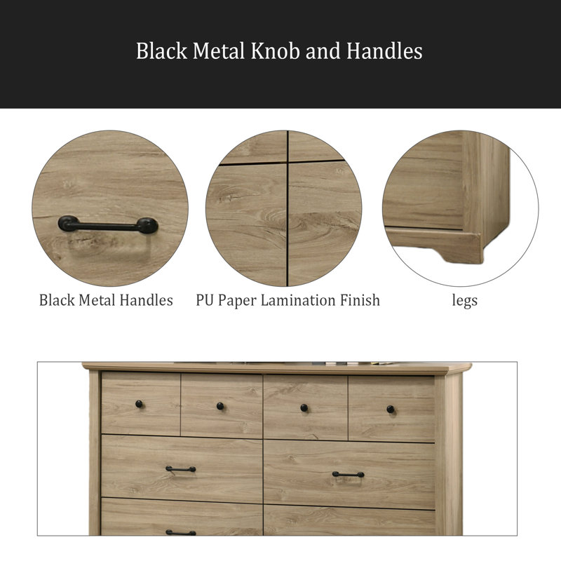 Commode à tiroirs l 57 po avec poignées noires, Chêne clair